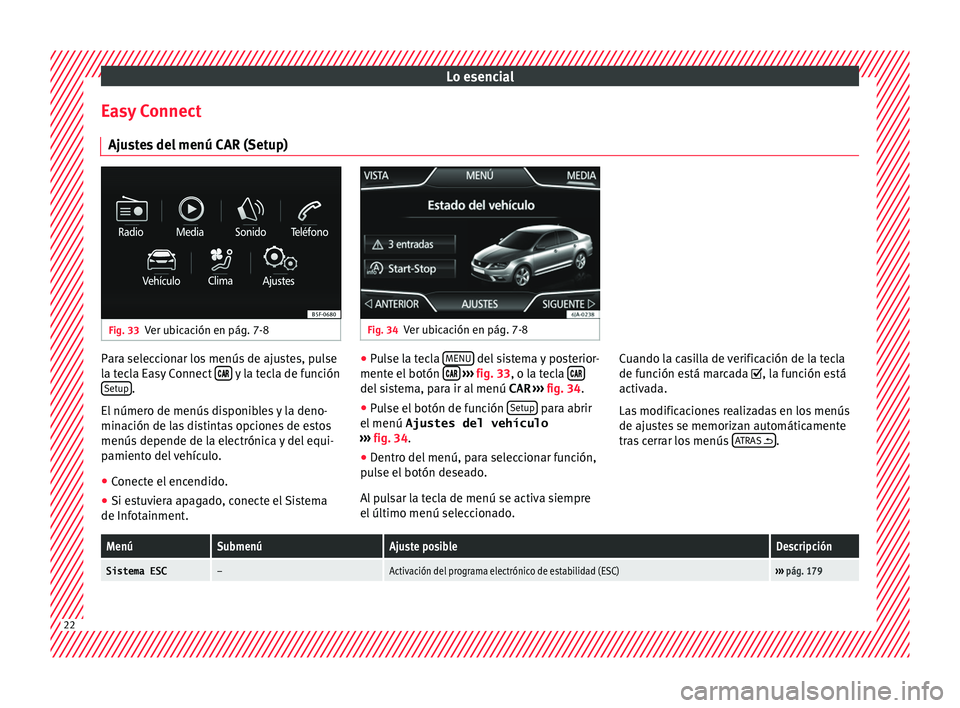 Seat Toledo 2015 Manual de instrucciones (in Spanish) Lo esencial
Easy Connect Aju s
t
es del menú CAR (Setup) Fig. 33
Ver ubicación en pág. 7-8 Fig. 34
Ver ubicación en pág. 7-8 Para seleccionar los menús de ajustes, pulse
l
a t
ec
la Easy Connec Seat Toledo 2015 Manual de instrucciones (in Spanish) Lo esencial
Easy Connect Aju s
t
es del menú CAR (Setup) Fig. 33
Ver ubicación en pág. 7-8 Fig. 34
Ver ubicación en pág. 7-8 Para seleccionar los menús de ajustes, pulse
l
a t
ec
la Easy Connec