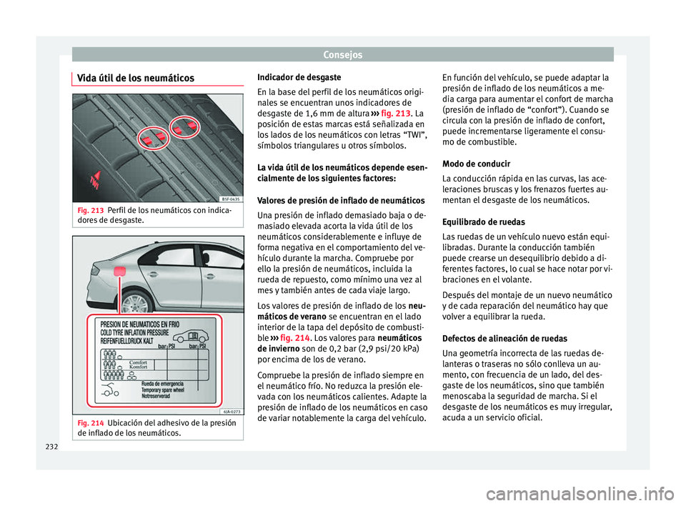 Seat Toledo 2015 Manual de instrucciones (in Spanish) Consejos
Vida útil de los neumáticos Fig. 213
Perfil de los neumáticos con indica-
dor e
s
de desgaste. Fig. 214
Ubicación del adhesivo de la presión
de infl ado de lo
s neumáticos. Indicador Seat Toledo 2015 Manual de instrucciones (in Spanish) Consejos
Vida útil de los neumáticos Fig. 213
Perfil de los neumáticos con indica-
dor e
s
de desgaste. Fig. 214
Ubicación del adhesivo de la presión
de infl ado de lo
s neumáticos. Indicador