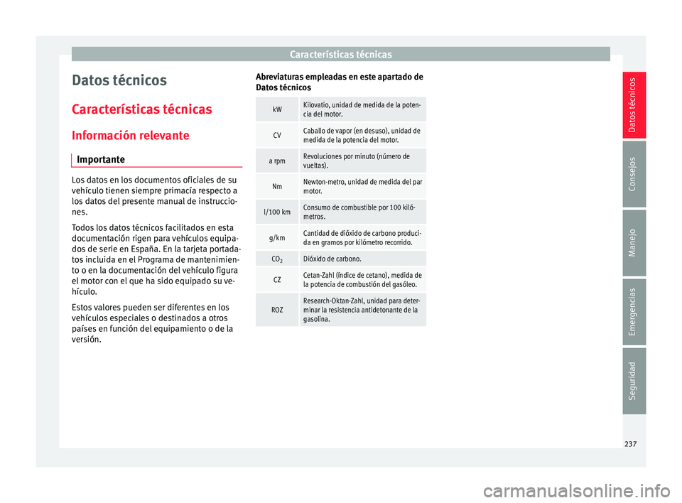 Seat Toledo 2015 Manual de instrucciones (in Spanish) Características técnicas
Datos técnicos
C ar
act
erísticas técnicas
Información relevante Importante Los datos en los documentos oficiales de su
vehíc
u
lo tienen siempre primacía respecto a
Seat Toledo 2015 Manual de instrucciones (in Spanish) Características técnicas
Datos técnicos
C ar
act
erísticas técnicas
Información relevante Importante Los datos en los documentos oficiales de su
vehíc
u
lo tienen siempre primacía respecto a