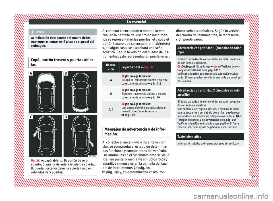 Seat Toledo 2015 Manual de instrucciones (in Spanish) Lo esencial
Aviso
La indicación desaparece del cuadro de ins-
trumento s
mientras esté pisando el pedal del
embrague. Capó, portón trasero y puertas abier-
ta
s Fig. 38
A: capó abierto; B: port Seat Toledo 2015 Manual de instrucciones (in Spanish) Lo esencial
Aviso
La indicación desaparece del cuadro de ins-
trumento s
mientras esté pisando el pedal del
embrague. Capó, portón trasero y puertas abier-
ta
s Fig. 38
A: capó abierto; B: port