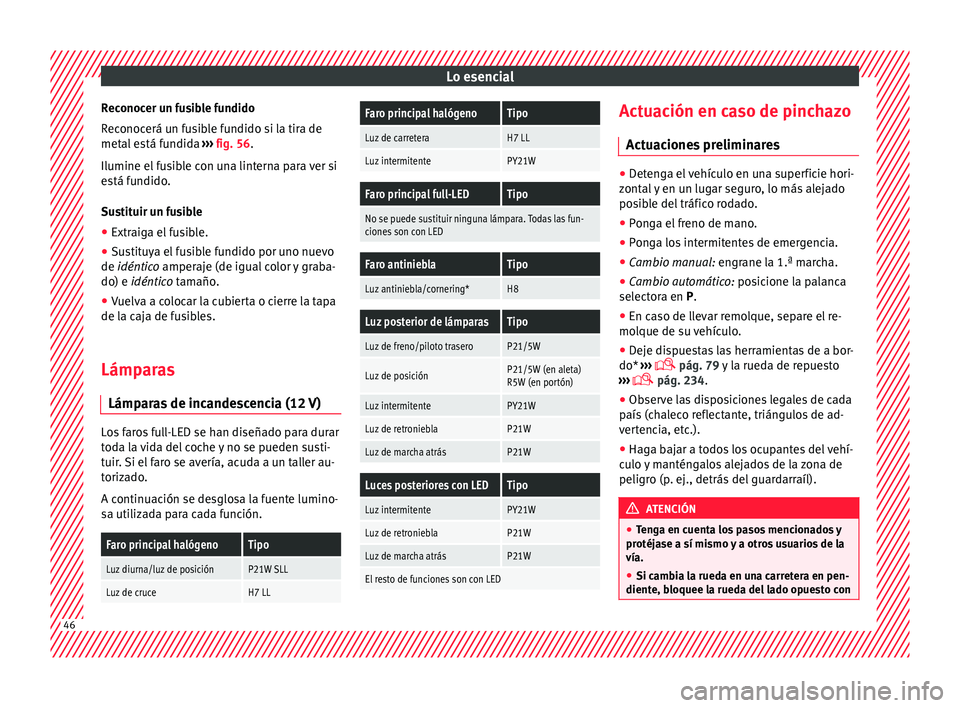 Seat Toledo 2015  Manual de instrucciones (in Spanish) Lo esencial
Reconocer un fusible fundido
R ec
onoc
erá un fusible fundido si la tira de
metal está fundida  ››› fig. 56.
Ilumine el fusible con una linterna para ver si
está fundido.
Sustitui