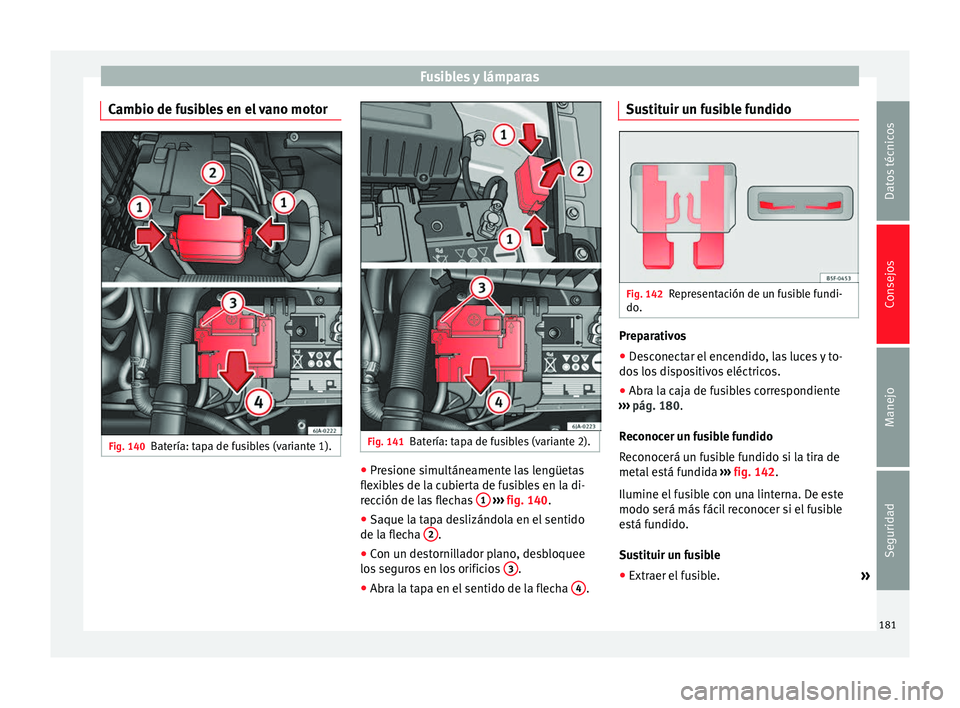 Seat Toledo 2008 Manual de instrucciones (in Spanish) Fusibles y lámparas
Cambio de fusibles en el vano motor Fig. 140
Batería: tapa de fusibles (variante 1). Fig. 141
Batería: tapa de fusibles (variante 2). ●
Presione simultáneamente las lengüeta Seat Toledo 2008 Manual de instrucciones (in Spanish) Fusibles y lámparas
Cambio de fusibles en el vano motor Fig. 140
Batería: tapa de fusibles (variante 1). Fig. 141
Batería: tapa de fusibles (variante 2). ●
Presione simultáneamente las lengüeta