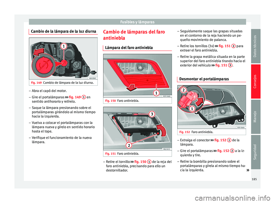 Seat Toledo 2008 Manual de instrucciones (in Spanish) Fusibles y lámparas
Cambio de la lámpara de la luz diurna Fig. 149
Cambio de lámpara de la luz diurna. –
Abra el capó del motor.
– Gire el portalámparas ››
› fig. 149 1 en
sentido a Seat Toledo 2008 Manual de instrucciones (in Spanish) Fusibles y lámparas
Cambio de la lámpara de la luz diurna Fig. 149
Cambio de lámpara de la luz diurna. –
Abra el capó del motor.
– Gire el portalámparas ››
› fig. 149 1 en
sentido a