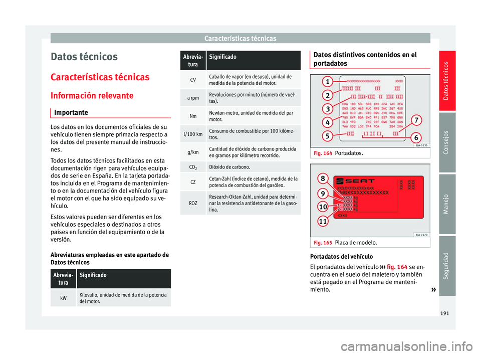 Seat Toledo 2008 Manual de instrucciones (in Spanish) Características técnicas
Datos técnicos
C ar
act
erísticas técnicas
Información relevante Importante Los datos en los documentos oficiales de su
vehíc
u
lo tienen siempre primacía respecto a
Seat Toledo 2008 Manual de instrucciones (in Spanish) Características técnicas
Datos técnicos
C ar
act
erísticas técnicas
Información relevante Importante Los datos en los documentos oficiales de su
vehíc
u
lo tienen siempre primacía respecto a