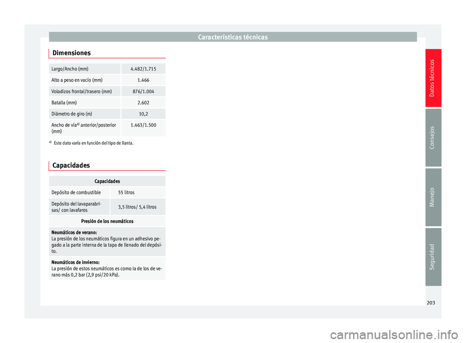 Seat Toledo 2008 Manual de instrucciones (in Spanish) Características técnicas
DimensionesLargo/Ancho (mm)4.482/1.715
Alto a peso en vacío (mm)1.466
Voladizos frontal/trasero (mm)876/1.004
Batalla (mm)2.602
Diámetro de giro (m)10,2
Ancho de vía a)
Seat Toledo 2008 Manual de instrucciones (in Spanish) Características técnicas
DimensionesLargo/Ancho (mm)4.482/1.715
Alto a peso en vacío (mm)1.466
Voladizos frontal/trasero (mm)876/1.004
Batalla (mm)2.602
Diámetro de giro (m)10,2
Ancho de vía a)