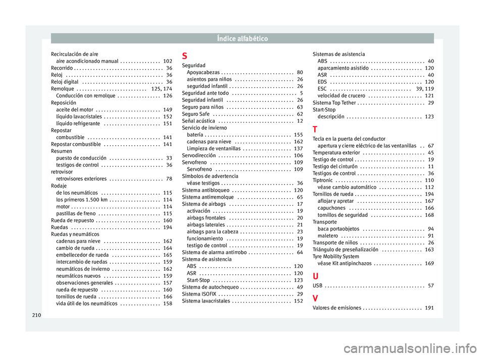 Seat Toledo 2014  Manual de instrucciones (in Spanish) Índice alfabético
Recirculación de aire air e ac
ondic
ionado manual  . . . . . . . . . . . . . . . 102
Recorrido . . . . . . . . . . . . . . . . . . . . . . . . . . . . . . . . . 36
Reloj  . . . .