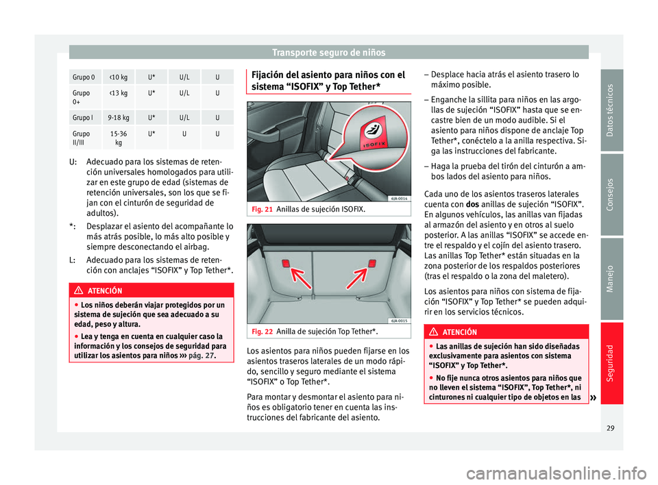 Seat Toledo 2012  Manual de instrucciones (in Spanish) Transporte seguro de niñosGrupo 0<10 kgU*U/LU
Grupo
0+<13 kgU*U/LU
Grupo I9-18 kgU*U/LU
Grupo
II/III15-36
kgU*UU Adecuado para los sistemas de reten-
ción u
niv

ersales homologados para utili-
zar 