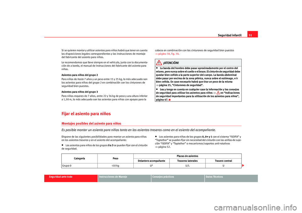 Seat Toledo 2007  Manual de instrucciones (in Spanish) Seguridad infantil51
Seguridad ante todo
Instrucciones de Manejo
Consejos prácticos
Datos Técnicos
Si se quieren montar y utilizar asientos para niños habrá que tener en cuenta 
las disposiciones 