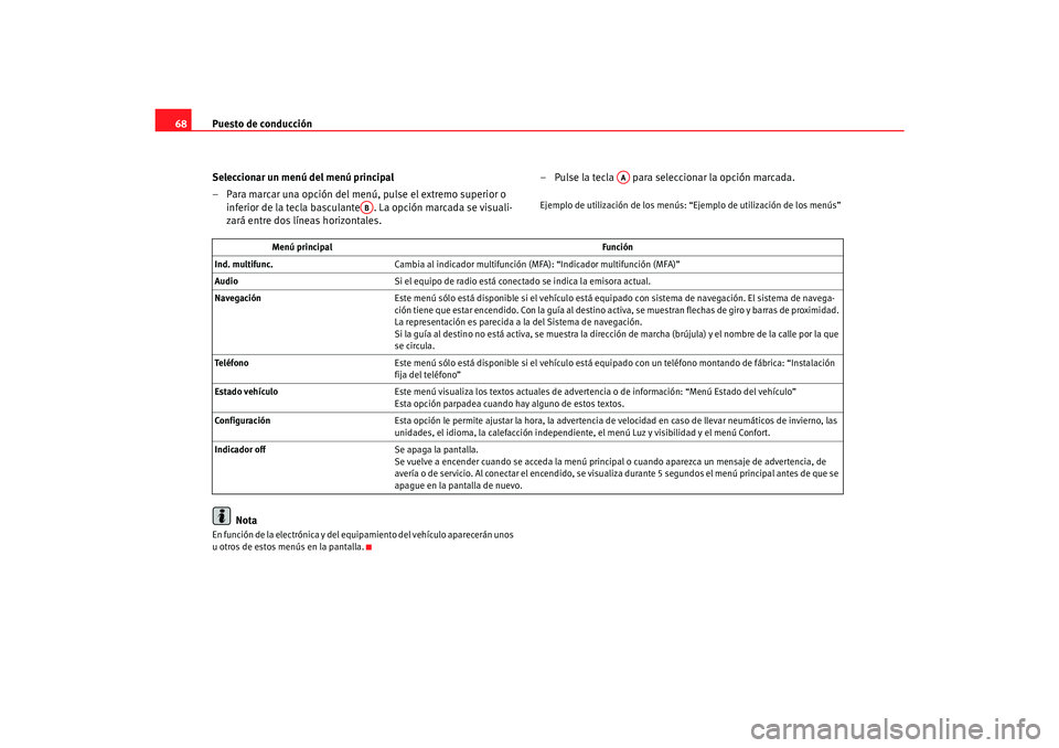 Seat Toledo 2007  Manual de instrucciones (in Spanish) Puesto de conducción
68
Seleccionar un menú del menú principal
– Para marcar una opción del menú, pulse el extremo superior o inferior de la tecla basculante . La opción marcada se visuali-
za