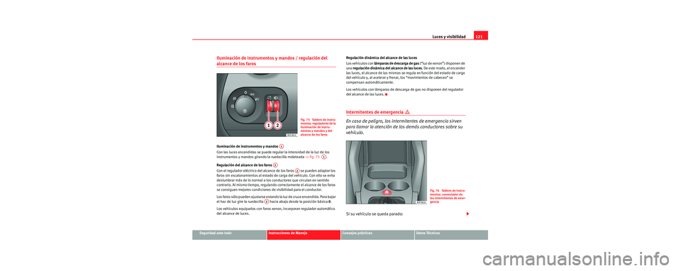 Seat Toledo 2006  Manual de instrucciones (in Spanish) Luces y visibilidad121
Seguridad ante todoInstrucciones de ManejoConsejos prácticosDatos Técnicos
Iluminación de instrumentos y mandos / regulación del 
alcance de los faros 
Iluminación de instr