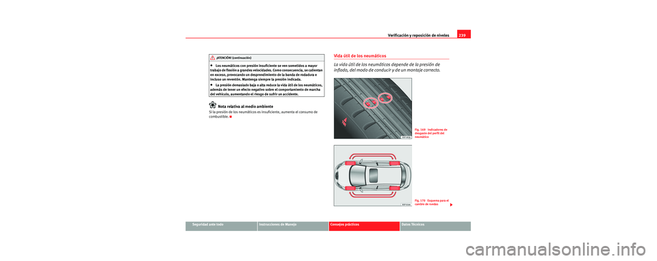 Seat Toledo 2006  Manual de instrucciones (in Spanish) Verificación y reposición de niveles239
Seguridad ante todoInstrucciones de ManejoConsejos prácticosDatos Técnicos
•Los neumáticos con presión insuficiente se ven sometidos a mayor 
trabajo de
