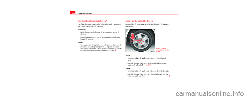 Seat Toledo 2006 Manual de instrucciones (in Spanish) Situaciones diversas
250
Embellecedores integrales de la rueda*
Se deberán quitar los embellecedores integrales para poder
acceder a los tornillos de las ruedas
Desmontar
– Retire el embellecedor Seat Toledo 2006 Manual de instrucciones (in Spanish) Situaciones diversas
250
Embellecedores integrales de la rueda*
Se deberán quitar los embellecedores integrales para poder
acceder a los tornillos de las ruedas
Desmontar
– Retire el embellecedor