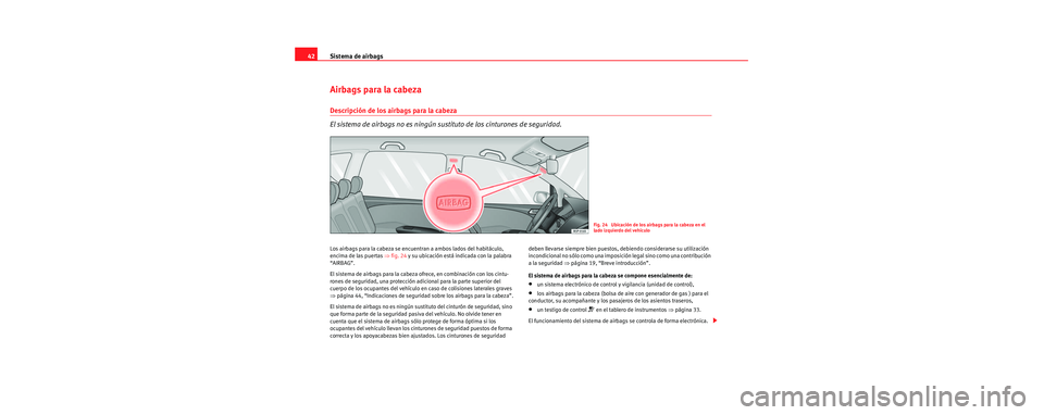 Seat Toledo 2006 Manual de instrucciones (in Spanish) Sistema de airbags
42
Airbags para la cabeza
Descripción de los airbags para la cabeza
El sistema de airbags no es ningún sustituto de los cinturones de seguridad.
Los airbags para la cabeza se encu Seat Toledo 2006 Manual de instrucciones (in Spanish) Sistema de airbags
42
Airbags para la cabeza
Descripción de los airbags para la cabeza
El sistema de airbags no es ningún sustituto de los cinturones de seguridad.
Los airbags para la cabeza se encu
