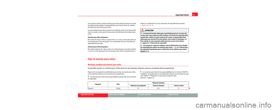 Seat Toledo 2006 Manual de instrucciones (in Spanish) Seguridad infantil51
Seguridad ante todoInstrucciones de ManejoConsejos prácticosDatos Técnicos
Si se quieren montar y utilizar asientos para niños habrá que tener en cuenta
las disposiciones leg Seat Toledo 2006 Manual de instrucciones (in Spanish) Seguridad infantil51
Seguridad ante todoInstrucciones de ManejoConsejos prácticosDatos Técnicos
Si se quieren montar y utilizar asientos para niños habrá que tener en cuenta
las disposiciones leg
