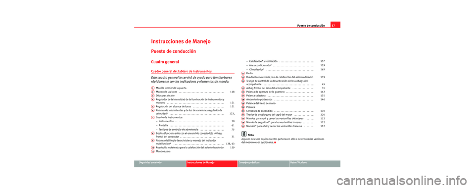 Seat Toledo 2006 Manual de instrucciones (in Spanish) Puesto de conducción57
Seguridad ante todoInstrucciones de ManejoConsejos prácticosDatos Técnicos
Instrucciones de Manejo
Puesto de conducción
Cuadro general
Cuadro general del tablero de instrume Seat Toledo 2006 Manual de instrucciones (in Spanish) Puesto de conducción57
Seguridad ante todoInstrucciones de ManejoConsejos prácticosDatos Técnicos
Instrucciones de Manejo
Puesto de conducción
Cuadro general
Cuadro general del tablero de instrume