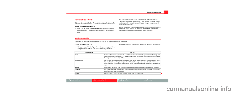 Seat Toledo 2006 Manual de instrucciones (in Spanish) Puesto de conducción71
Seguridad ante todoInstrucciones de ManejoConsejos prácticosDatos Técnicos
Menú estado del vehículo
Este menú muestra textos de advertencia o de información
Abrir el me Seat Toledo 2006 Manual de instrucciones (in Spanish) Puesto de conducción71
Seguridad ante todoInstrucciones de ManejoConsejos prácticosDatos Técnicos
Menú estado del vehículo
Este menú muestra textos de advertencia o de información
Abrir el me
