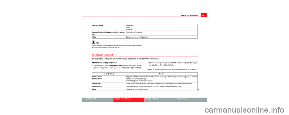 Seat Toledo 2006 Manual de instrucciones (in Spanish) Puesto de conducción73
Seguridad ante todoInstrucciones de ManejoConsejos prácticosDatos Técnicos
Nota
En función de la electrónica y del equipamiento del vehículo aparecerán unos
u otros de e Seat Toledo 2006 Manual de instrucciones (in Spanish) Puesto de conducción73
Seguridad ante todoInstrucciones de ManejoConsejos prácticosDatos Técnicos
Nota
En función de la electrónica y del equipamiento del vehículo aparecerán unos
u otros de e