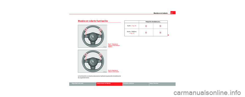 Seat Toledo 2006 Manual de instrucciones (in Spanish) Mandos en el volante97
Seguridad ante todoInstrucciones de ManejoConsejos prácticosDatos Técnicos
Mandos en volante Iluminación
La iluminación se conecta y desconecta mediante la pulsación simul Seat Toledo 2006 Manual de instrucciones (in Spanish) Mandos en el volante97
Seguridad ante todoInstrucciones de ManejoConsejos prácticosDatos Técnicos
Mandos en volante Iluminación
La iluminación se conecta y desconecta mediante la pulsación simul