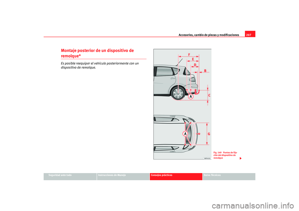 Seat Toledo 2005 Manual de instrucciones (in Spanish) Accesorios, cambio de piezas y modificaciones207
Seguridad ante todo
Instrucciones de Manejo
Consejos prácticos
Datos Técnicos
Montaje posterior de un dispositivo de remolque*Es posible reequipar el Seat Toledo 2005 Manual de instrucciones (in Spanish) Accesorios, cambio de piezas y modificaciones207
Seguridad ante todo
Instrucciones de Manejo
Consejos prácticos
Datos Técnicos
Montaje posterior de un dispositivo de remolque*Es posible reequipar el