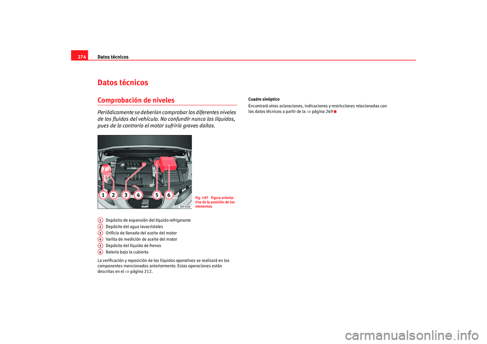 Seat Toledo 2005 Manual de instrucciones (in Spanish) Datos técnicos
274Datos técnicosComprobación de nivelesPeriódicamente se deberían co mprobar los diferentes niveles
de los fluidos del vehículo. No confundir nunca los líquidos,
pues de lo co Seat Toledo 2005 Manual de instrucciones (in Spanish) Datos técnicos
274Datos técnicosComprobación de nivelesPeriódicamente se deberían co mprobar los diferentes niveles
de los fluidos del vehículo. No confundir nunca los líquidos,
pues de lo co
