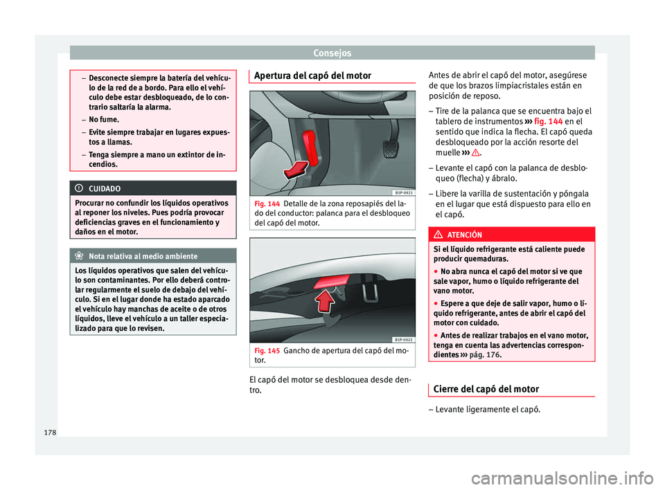 Seat Altea 2013 Manual de instrucciones (in Spanish) Consejos
–
Desconecte siempre la batería del vehícu-
lo de la red de a bordo. Para ello el vehí-
culo debe estar desbloqueado, de lo con-
trario saltaría la alarma.
– No fume.
– Evite siempr Seat Altea 2013 Manual de instrucciones (in Spanish) Consejos
–
Desconecte siempre la batería del vehícu-
lo de la red de a bordo. Para ello el vehí-
culo debe estar desbloqueado, de lo con-
trario saltaría la alarma.
– No fume.
– Evite siempr