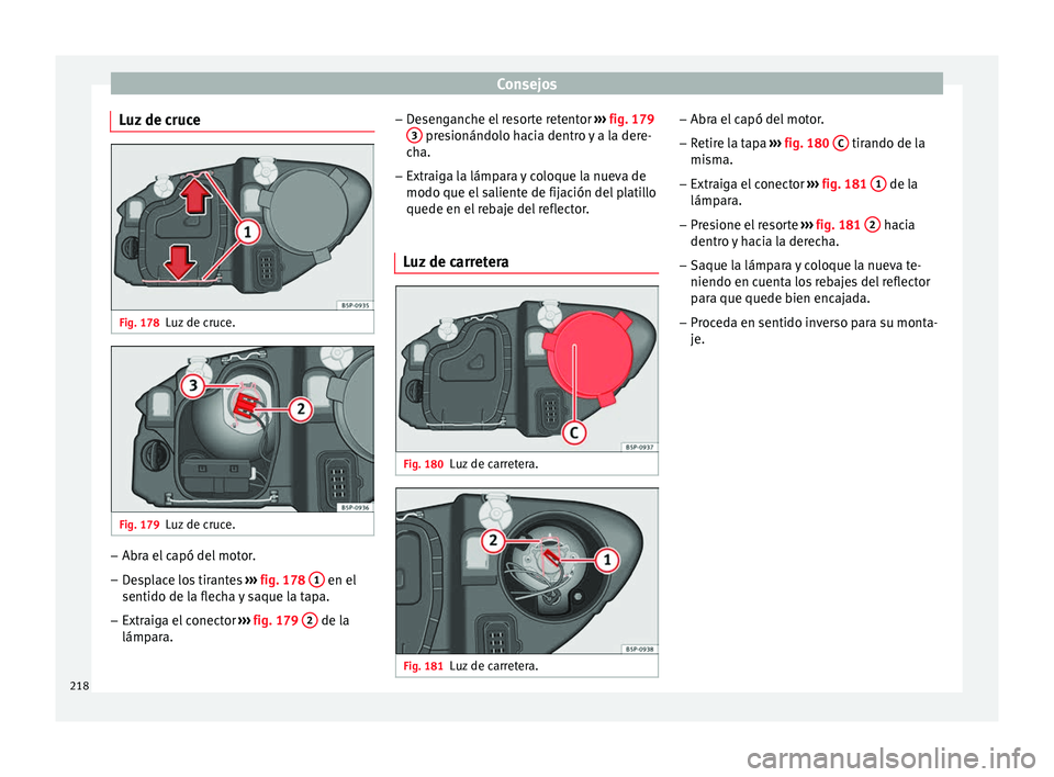 Seat Altea 2013  Manual de instrucciones (in Spanish) Consejos
Luz de cruce Fig. 178
Luz de cruce. Fig. 179
Luz de cruce. –
Abra el capó del motor.
– Desplace los tirantes  ››› fig. 178  1  en el
sentido de la flecha y saque la tapa.
– Extra