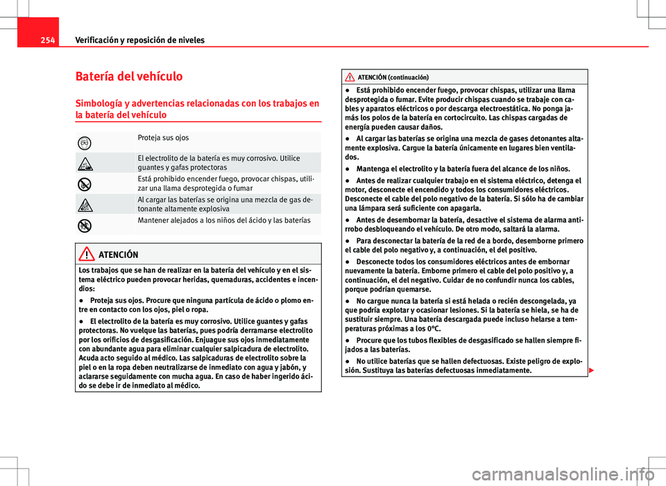 Seat Altea 2009 Manual de instrucciones (in Spanish) 254Verificación y reposición de niveles
Batería del vehículo
Simbología y advertencias relacionadas con los trabajos en
la batería del vehículo
Proteja sus ojos
El electrolito de la bater Seat Altea 2009 Manual de instrucciones (in Spanish) 254Verificación y reposición de niveles
Batería del vehículo
Simbología y advertencias relacionadas con los trabajos en
la batería del vehículo
Proteja sus ojos
El electrolito de la bater