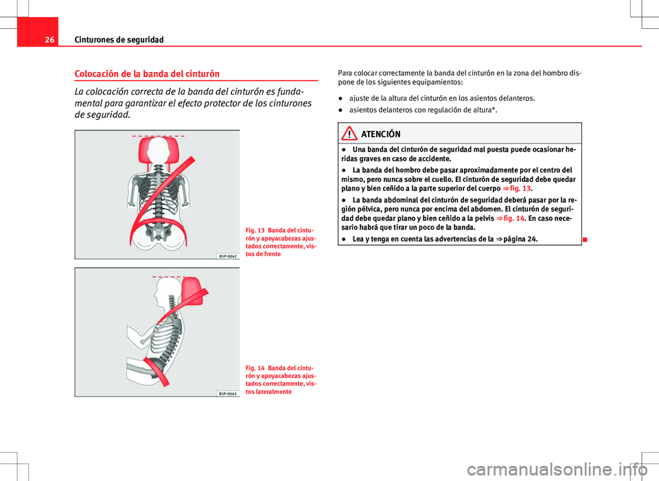 Seat Altea 2008  Manual de instrucciones (in Spanish) 26Cinturones de seguridad
Colocación de la banda del cinturón
La colocación correcta de la banda del cinturón es funda-
mental para garantizar el efecto protector de los cinturones
de seguridad.
F