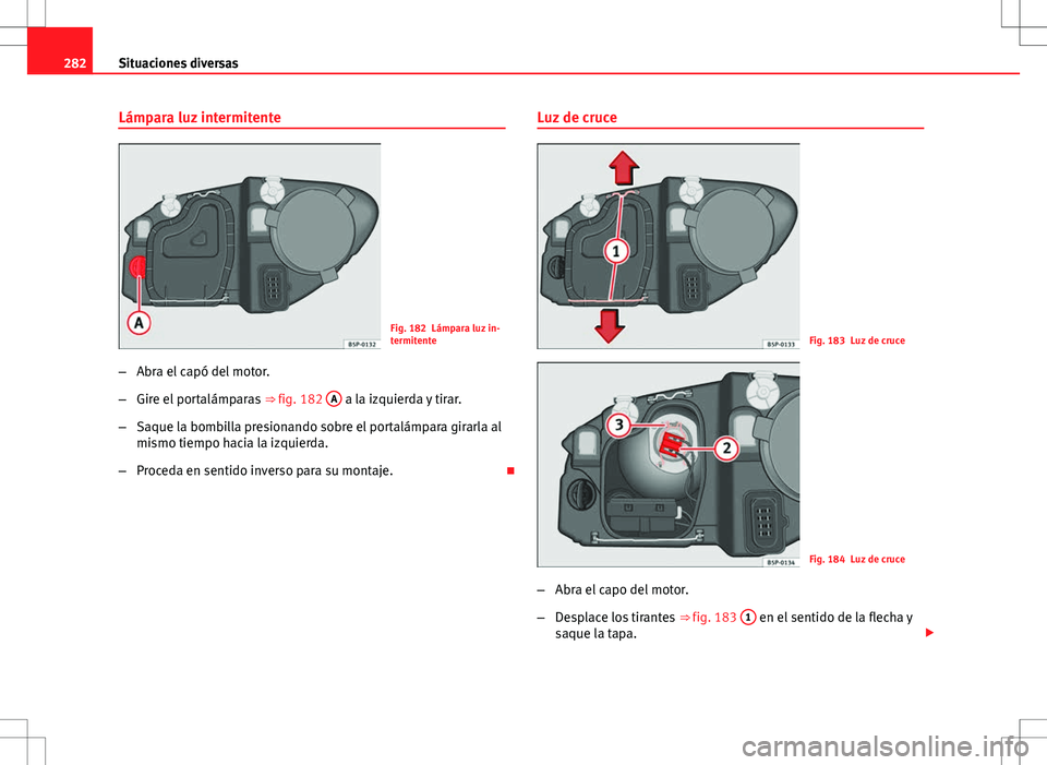 Seat Altea 2009  Manual de instrucciones (in Spanish) 282Situaciones diversas
Lámpara luz intermitente
Fig. 182 Lámpara luz in-
termitente
– Abra el capó del motor.
– Gire el portalámparas  ⇒ fig. 182 A
 a la izquierda y tirar.
– Saque la b