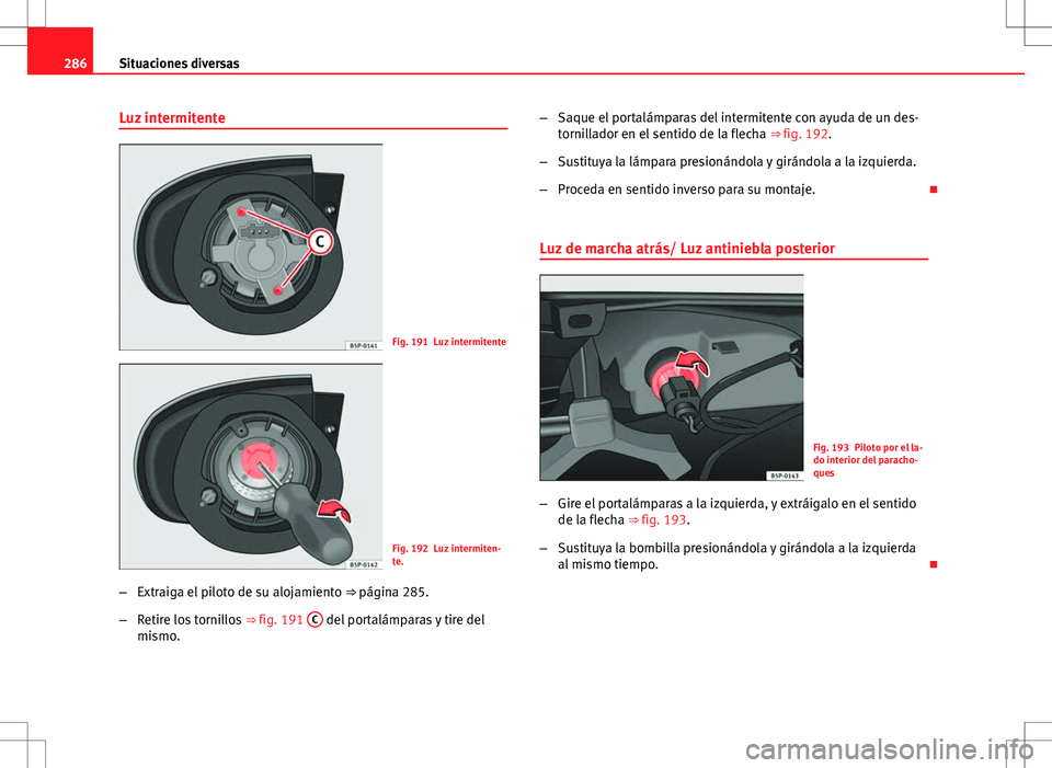 Seat Altea 2009  Manual de instrucciones (in Spanish) 286Situaciones diversas
Luz intermitente
Fig. 191 Luz intermitente
Fig. 192 Luz intermiten-
te.
– Extraiga el piloto de su alojamiento  ⇒ página 285.
– Retire los tornillos  ⇒ fig. 191 C
