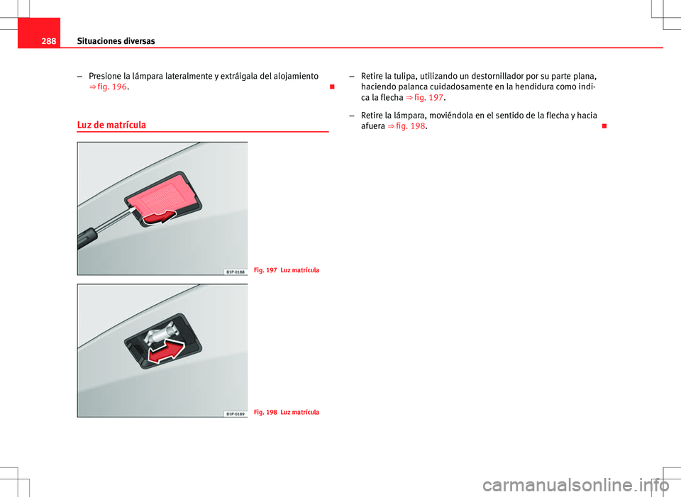 Seat Altea 2009  Manual de instrucciones (in Spanish) 288Situaciones diversas
–Presione la lámpara lateralmente y extráigala del alojamiento
⇒ fig. 196. 
Luz de matrícula
Fig. 197 Luz matrícula
Fig. 198 Luz matrícula –
Retire la tulipa, u