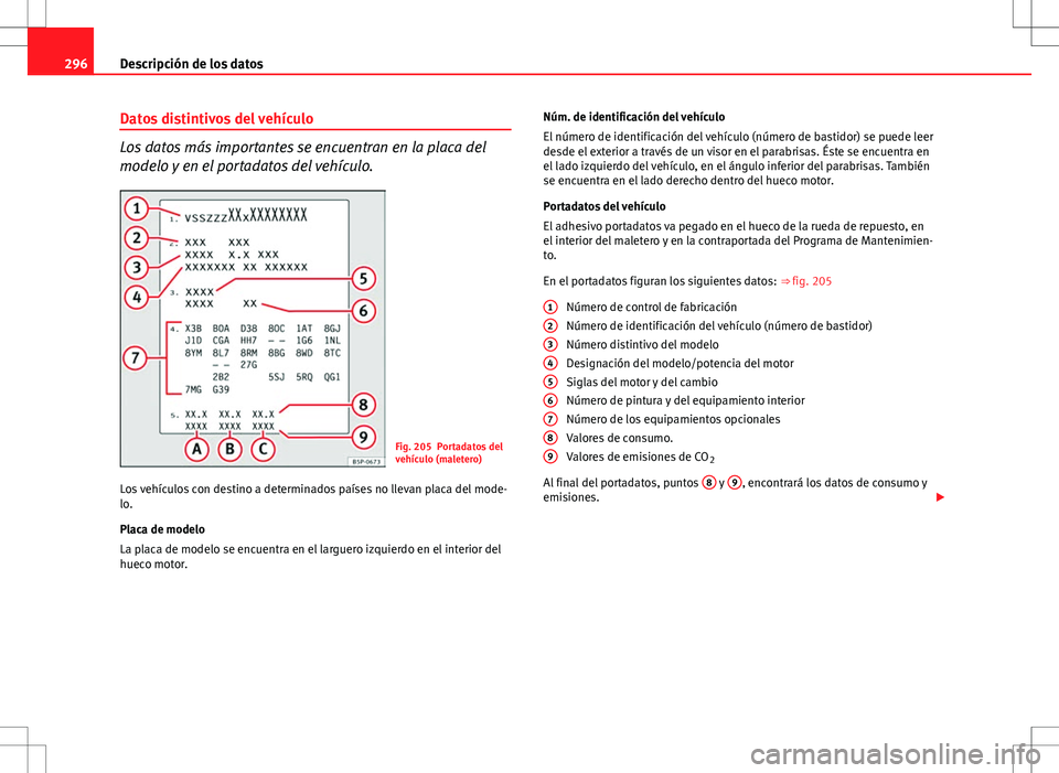 Seat Altea 2009 Manual de instrucciones (in Spanish) 296Descripción de los datos
Datos distintivos del vehículo
Los datos más importantes se encuentran en la placa del
modelo y en el portadatos del vehículo.
Fig. 205 Portadatos del
vehículo (malete Seat Altea 2009 Manual de instrucciones (in Spanish) 296Descripción de los datos
Datos distintivos del vehículo
Los datos más importantes se encuentran en la placa del
modelo y en el portadatos del vehículo.
Fig. 205 Portadatos del
vehículo (malete