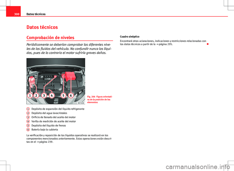 Seat Altea 2009  Manual de instrucciones (in Spanish) 300Datos técnicos
Datos técnicos
Comprobación de niveles
Periódicamente se deberían comprobar los diferentes nive-
les de los fluidos del vehículo. No confundir nunca los líqui-
dos, pues de lo