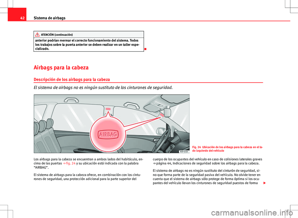 Seat Altea 2009  Manual de instrucciones (in Spanish) 42Sistema de airbags
ATENCIÓN (continuación)
anterior podrían mermar el correcto funcionamiento del sistema. Todos
los trabajos sobre la puerta anterior se deben realizar en un taller espe-
cializa