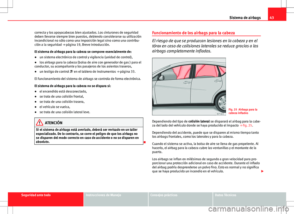 Seat Altea 2010  Manual de instrucciones (in Spanish) 43
Sistema de airbags
correcta y los apoyacabezas bien ajustados. Los cinturones de seguridad
deben llevarse siempre bien puestos, debiendo considerarse su utilización
incondicional no sólo como una