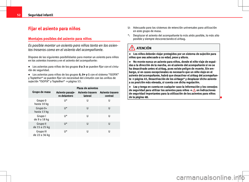 Seat Altea 2012 Manual de instrucciones (in Spanish) 52Seguridad infantil
Fijar el asiento para niños
Montajes posibles del asiento para niños
Es posible montar un asiento para niños tanto en los asien-
tos traseros como en el asiento del acompañant Seat Altea 2012 Manual de instrucciones (in Spanish) 52Seguridad infantil
Fijar el asiento para niños
Montajes posibles del asiento para niños
Es posible montar un asiento para niños tanto en los asien-
tos traseros como en el asiento del acompañant