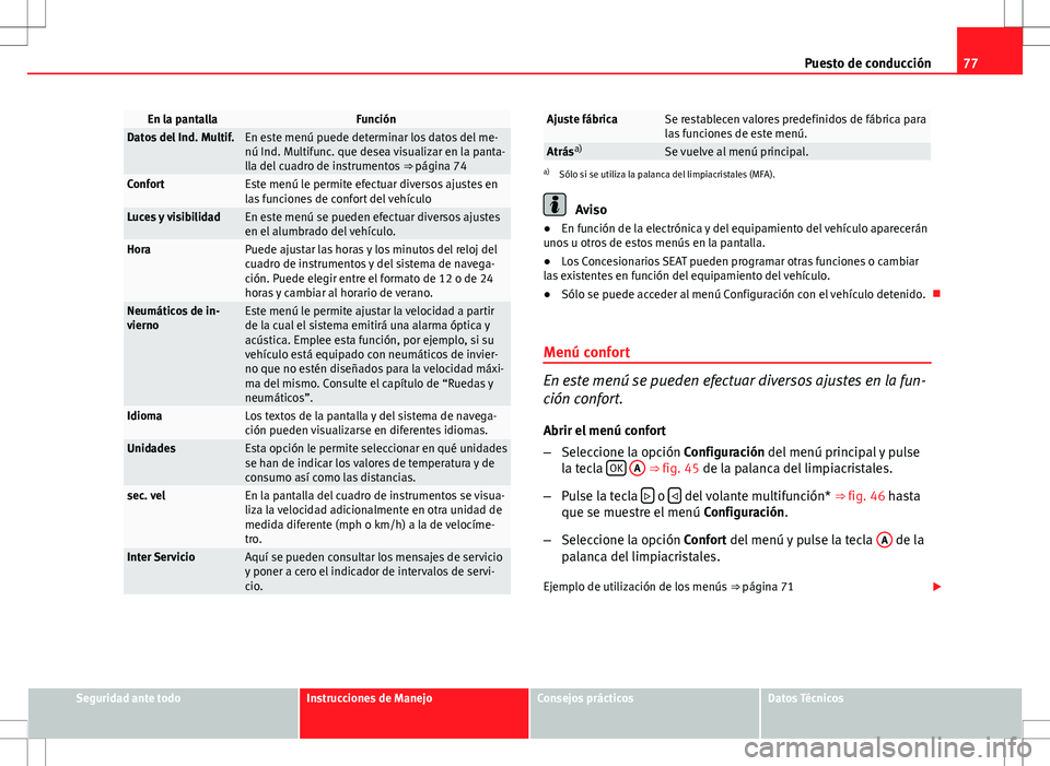 Seat Altea 2010 Manual de instrucciones (in Spanish) 77
Puesto de conducción
En la pantallaFunciónDatos del Ind. Multif.En este menú puede determinar los datos del me-
nú Ind. Multifunc. que desea visualizar en la panta-
lla del cuadro de instrument Seat Altea 2010 Manual de instrucciones (in Spanish) 77
Puesto de conducción
En la pantallaFunciónDatos del Ind. Multif.En este menú puede determinar los datos del me-
nú Ind. Multifunc. que desea visualizar en la panta-
lla del cuadro de instrument