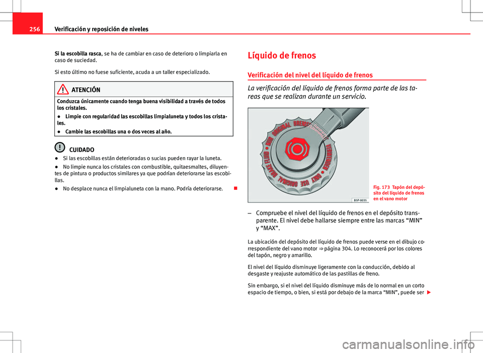 Seat Altea XL 2012 Manual de instrucciones (in Spanish) 256Verificación y reposición de niveles
Si la escobilla rasca, se ha de cambiar en caso de deterioro o limpiarla en
caso de suciedad.
Si esto último no fuese suficiente, acuda a un taller especiali Seat Altea XL 2012 Manual de instrucciones (in Spanish) 256Verificación y reposición de niveles
Si la escobilla rasca, se ha de cambiar en caso de deterioro o limpiarla en
caso de suciedad.
Si esto último no fuese suficiente, acuda a un taller especiali