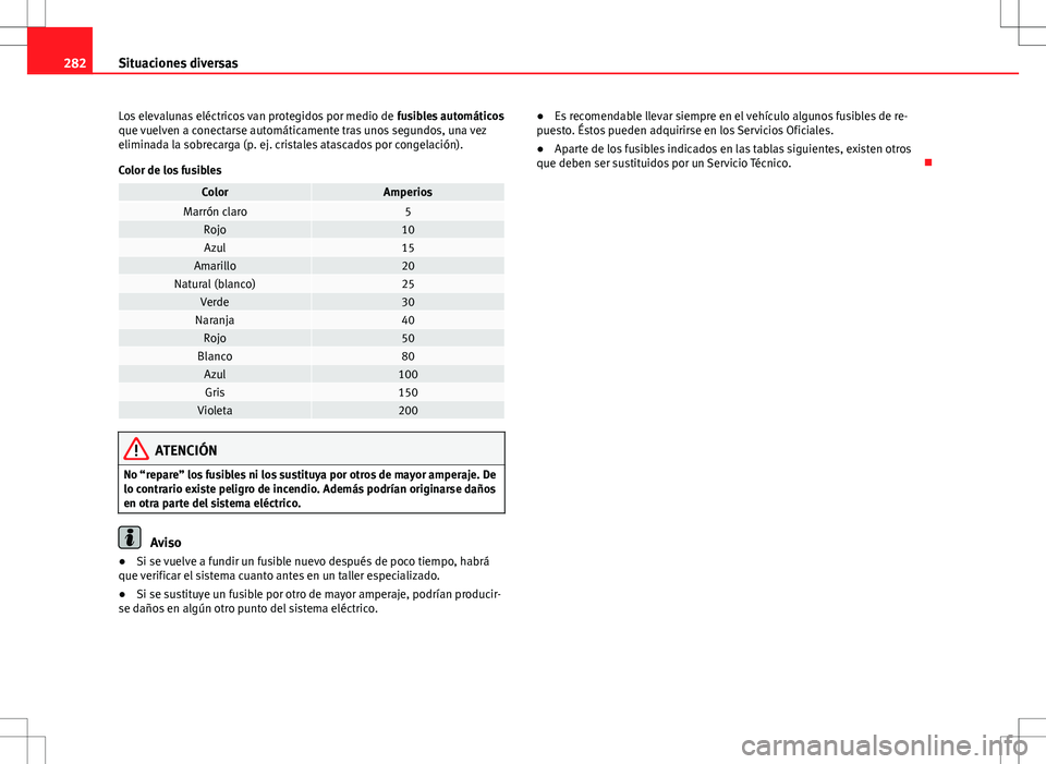 Seat Altea XL 2012 Manual de instrucciones (in Spanish) 282Situaciones diversas
Los elevalunas eléctricos van protegidos por medio de fusibles automáticos
que vuelven a conectarse automáticamente tras unos segundos, una vez
eliminada la sobrecarga (p. Seat Altea XL 2012 Manual de instrucciones (in Spanish) 282Situaciones diversas
Los elevalunas eléctricos van protegidos por medio de fusibles automáticos
que vuelven a conectarse automáticamente tras unos segundos, una vez
eliminada la sobrecarga (p.