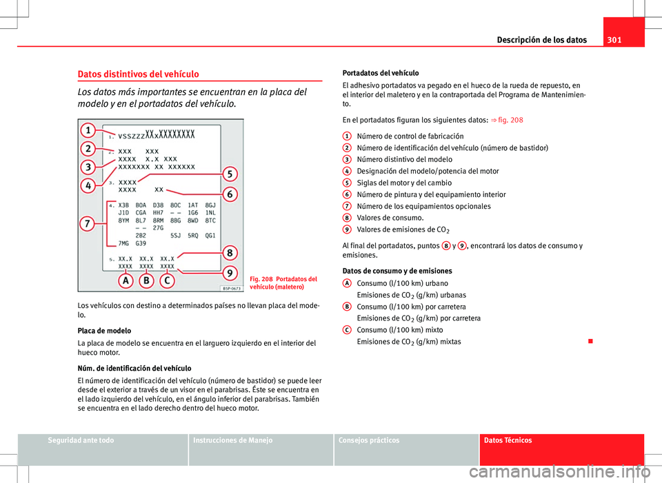 Seat Altea XL 2012 Manual de instrucciones (in Spanish) 301
Descripción de los datos
Datos distintivos del vehículo
Los datos más importantes se encuentran en la placa del
modelo y en el portadatos del vehículo.
Fig. 208 Portadatos del
vehículo (malet Seat Altea XL 2012 Manual de instrucciones (in Spanish) 301
Descripción de los datos
Datos distintivos del vehículo
Los datos más importantes se encuentran en la placa del
modelo y en el portadatos del vehículo.
Fig. 208 Portadatos del
vehículo (malet