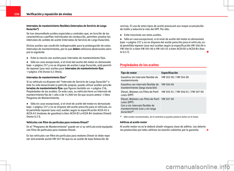 Seat Altea Freetrack 2010 Manual de instrucciones (in Spanish) 236Verificación y reposición de niveles
Intervalos de mantenimiento flexibles (Intervalos de Servicio de Larga
Duración*)
Se han desarrollado aceites especiales y controles que, en función de las
Seat Altea Freetrack 2010 Manual de instrucciones (in Spanish) 236Verificación y reposición de niveles
Intervalos de mantenimiento flexibles (Intervalos de Servicio de Larga
Duración*)
Se han desarrollado aceites especiales y controles que, en función de las