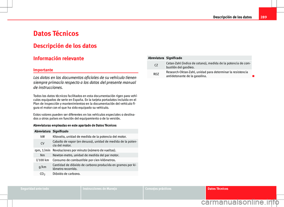 Seat Altea Freetrack 2012  Manual de instrucciones (in Spanish) 289
Descripción de los datos
Datos Técnicos
Descripción de los datos
Información relevante
Importante
Los datos en los documentos oficiales de su vehículo tienen
siempre primacía respecto a los 
