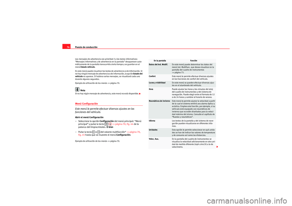 Seat Altea XL 2009 Manual de instrucciones (in Spanish) Puesto de conducción
76Los mensajes de advertencia con prioridad 2 y los textos informativos:
“Mensajes informativos y de advertencia en la pantalla” desaparecen auto-
máticamente de la pantall Seat Altea XL 2009 Manual de instrucciones (in Spanish) Puesto de conducción
76Los mensajes de advertencia con prioridad 2 y los textos informativos:
“Mensajes informativos y de advertencia en la pantalla” desaparecen auto-
máticamente de la pantall