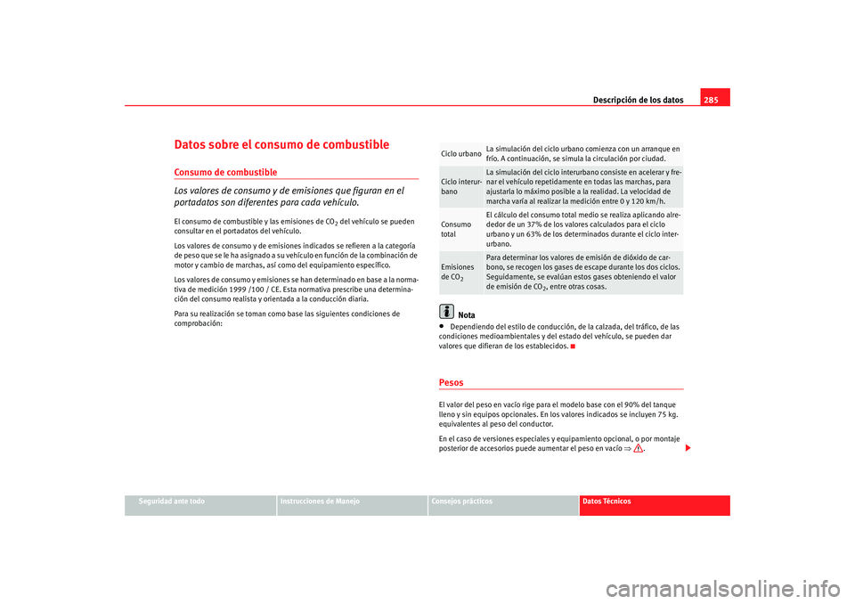Seat Altea Freetrack 2008 Manual de instrucciones (in Spanish) Descripción de los datos285
Seguridad ante todo
Instrucciones de Manejo
Consejos prácticos
Datos Técnicos
Datos sobre el consumo de combustibleConsumo de combustible
Los valores de consumo y de emi Seat Altea Freetrack 2008 Manual de instrucciones (in Spanish) Descripción de los datos285
Seguridad ante todo
Instrucciones de Manejo
Consejos prácticos
Datos Técnicos
Datos sobre el consumo de combustibleConsumo de combustible
Los valores de consumo y de emi