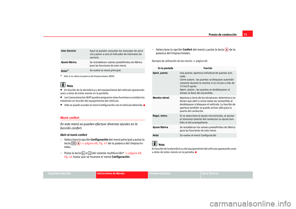 Seat Altea Freetrack 2008  Manual de instrucciones (in Spanish) Puesto de conducción75
Seguridad ante todo
Instrucciones de Manejo
Consejos prácticos
Datos Técnicos
Nota
•
En función de la electrónica y del  equipamiento del vehículo aparecerán 
unos u ot
