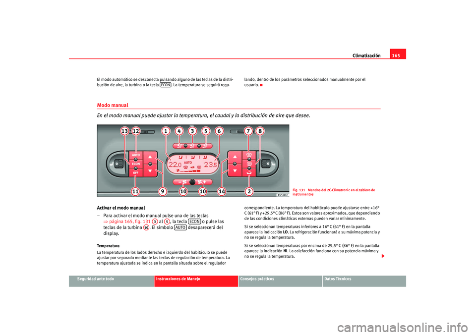 Seat Altea 2007  Manual de instrucciones (in Spanish) Climatización165
Seguridad ante todo
Instrucciones de Manejo
Consejos prácticos
Datos Técnicos
El modo automático se desconecta pulsando alguno de las teclas de la distri-
bución de aire, la turb