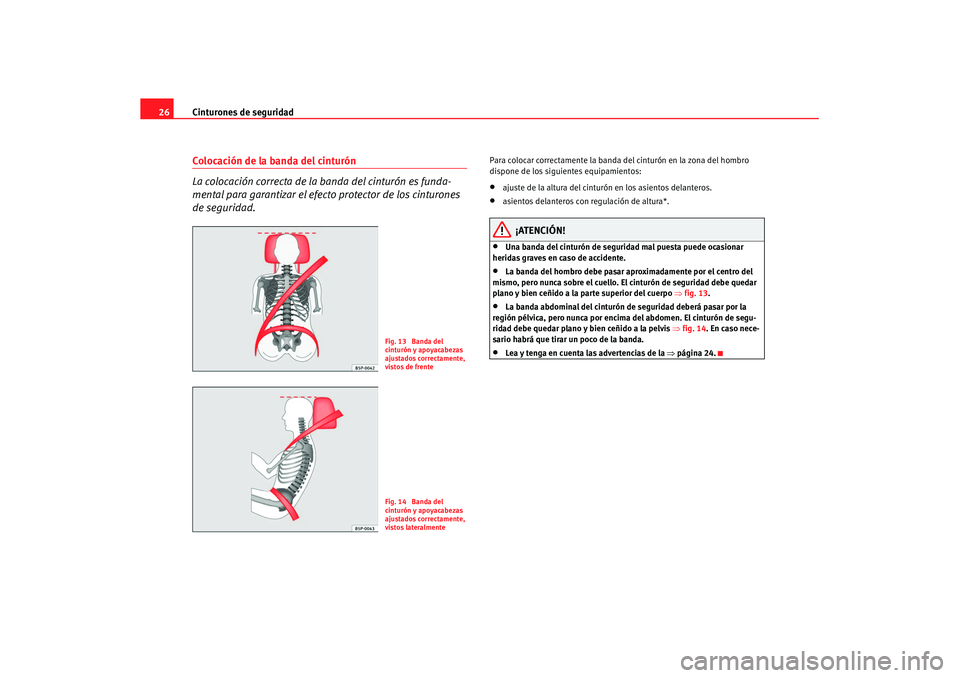 Seat Altea Freetrack 2007 Manual de instrucciones (in Spanish) Cinturones de seguridad
26Colocación de la banda del cinturón
La colocación correcta de la banda del cinturón es funda-
mental para garantizar el efecto protector de los cinturones
de seguridad.
Seat Altea Freetrack 2007 Manual de instrucciones (in Spanish) Cinturones de seguridad
26Colocación de la banda del cinturón
La colocación correcta de la banda del cinturón es funda-
mental para garantizar el efecto protector de los cinturones
de seguridad.