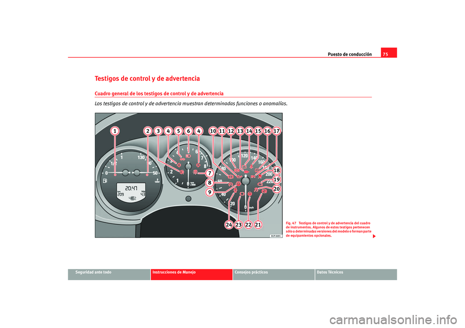 Seat Altea 2006 Manual de instrucciones (in Spanish) Puesto de conducción75
Seguridad ante todo
Instrucciones de Manejo
Consejos prácticos
Datos Técnicos
Testigos de control y de advertencia Cuadro general de los testigos de control y de advertencia
Seat Altea 2006 Manual de instrucciones (in Spanish) Puesto de conducción75
Seguridad ante todo
Instrucciones de Manejo
Consejos prácticos
Datos Técnicos
Testigos de control y de advertencia Cuadro general de los testigos de control y de advertencia