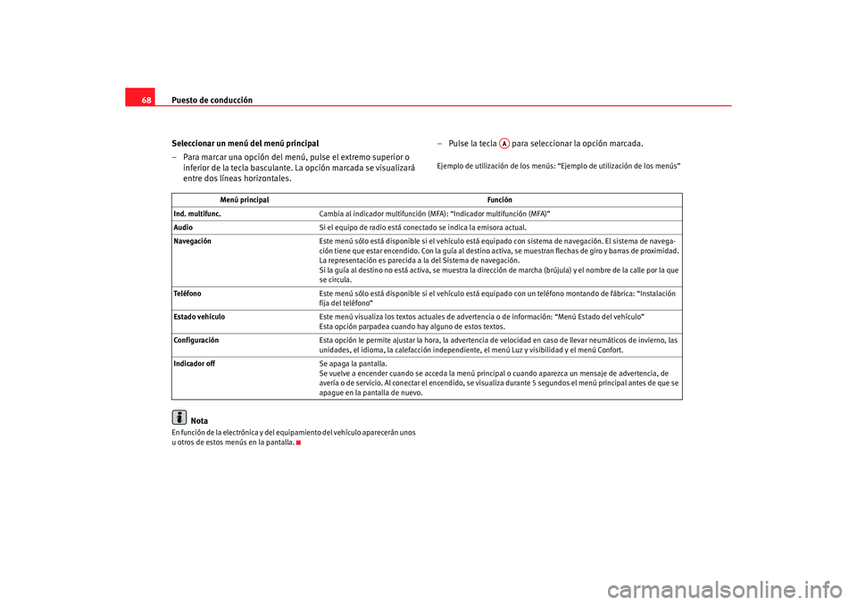 Seat Altea XL 2006  Manual de instrucciones (in Spanish) Puesto de conducción
68
Seleccionar un menú del menú principal
– Para marcar una opción del menú, pulse el extremo superior o inferior de la tecla basculante. La opción marcada se visualizará