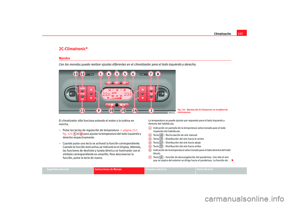 Seat Altea 2005 Manual de instrucciones (in Spanish) Climatización157
Seguridad ante todo
Instrucciones de Manejo
Consejos prácticos
Datos Técnicos
2C-Climatronic*Mandos
Con los mandos puede realizar ajustes diferentes en el climatizador para el lad Seat Altea 2005 Manual de instrucciones (in Spanish) Climatización157
Seguridad ante todo
Instrucciones de Manejo
Consejos prácticos
Datos Técnicos
2C-Climatronic*Mandos
Con los mandos puede realizar ajustes diferentes en el climatizador para el lad